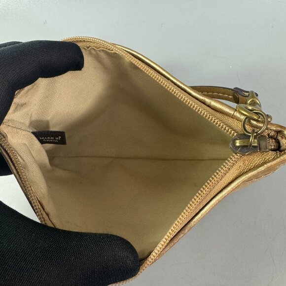 Coach Gold Tan Wristlet Clutch Signature Logo W/ Studs Canva Leather Purse - Picture 9 of 13